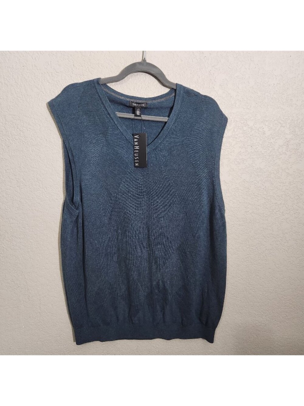 Van Heusen Mens Sleeveless Knit Sweater Vest Large Teal Diamond Pattern